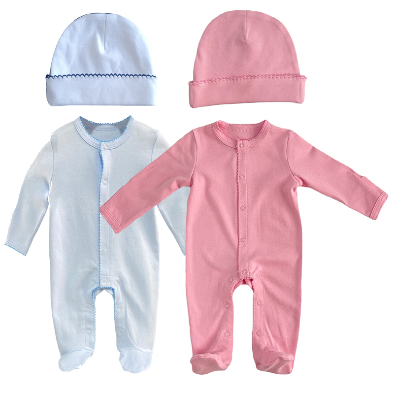 စိတ်ကြိုက်အော်ဂဲနစ်ဝါဂွမ်း picot trim footie swaddle set